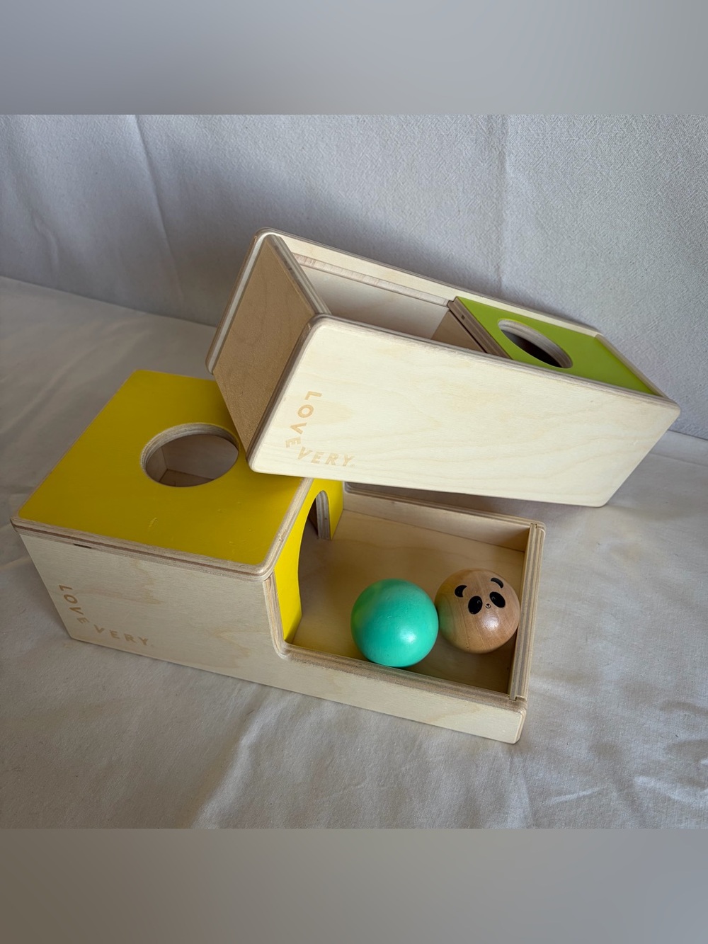 Lovevery Toy Bundle Ball Drop Box and Sliding Top Box with 2 Wooden Balls